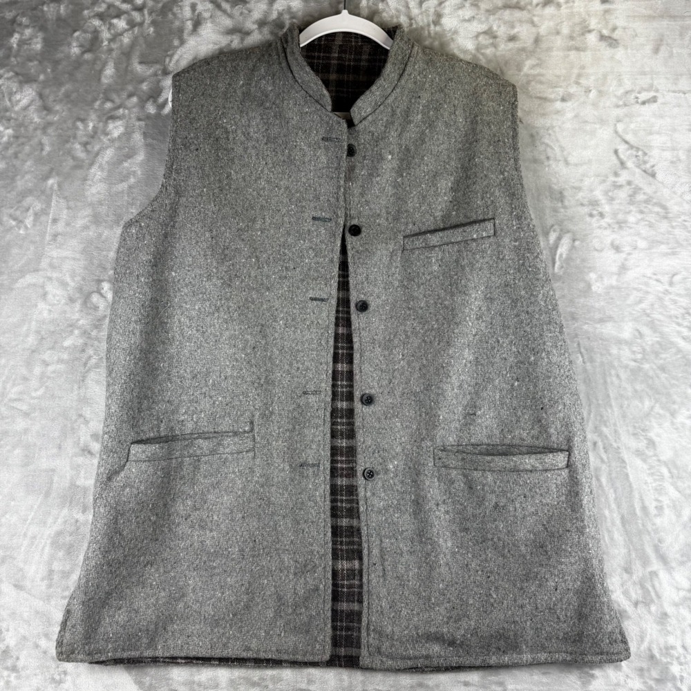 Handmade Reversible Tweed Wool Vest Mens L/XL Grey Brown Plaid (1507)